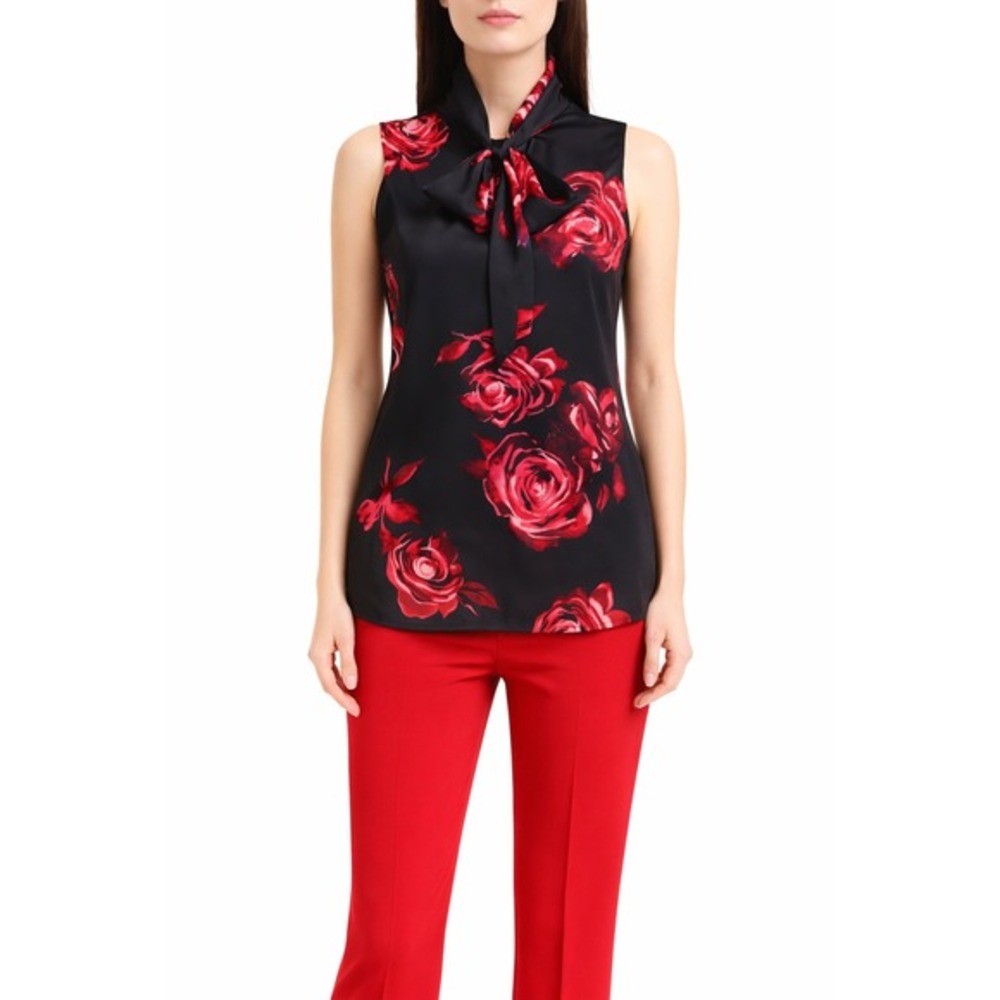 Eva Mendes NY & Co Black Red Rose Floral Tie‎ Neck Sleeveless Blouse S 57-27